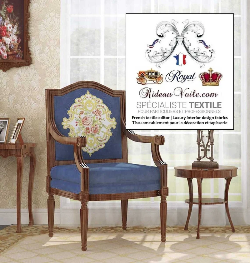 Tissu ameublement d'éditeur velours bleu broderie au mètre confection rideau