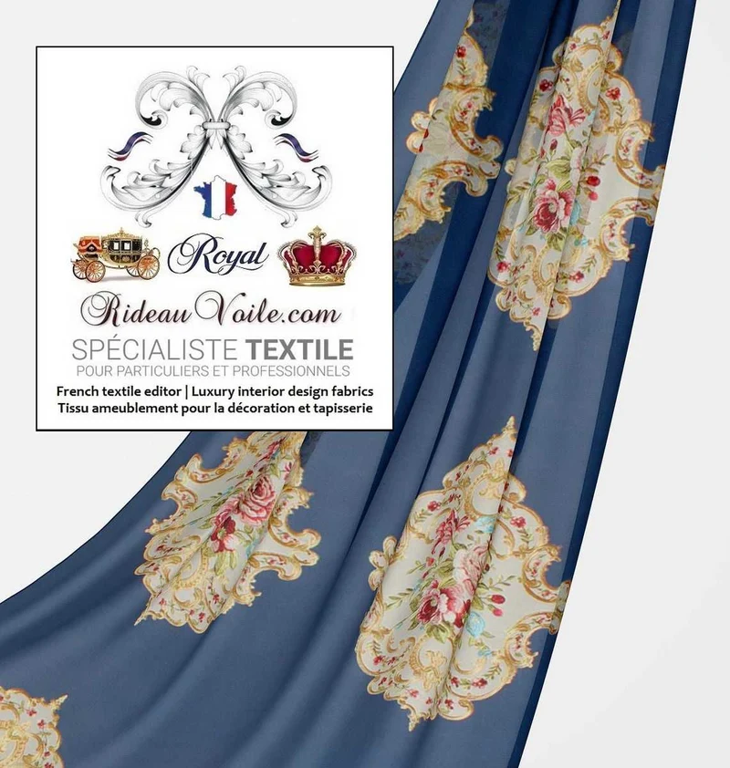 Tissu ameublement d'éditeur velours bleu broderie au mètre confection rideau