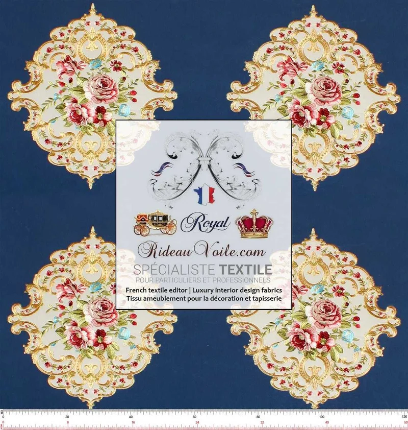 Tissu ameublement d'éditeur velours bleu broderie au mètre confection rideau