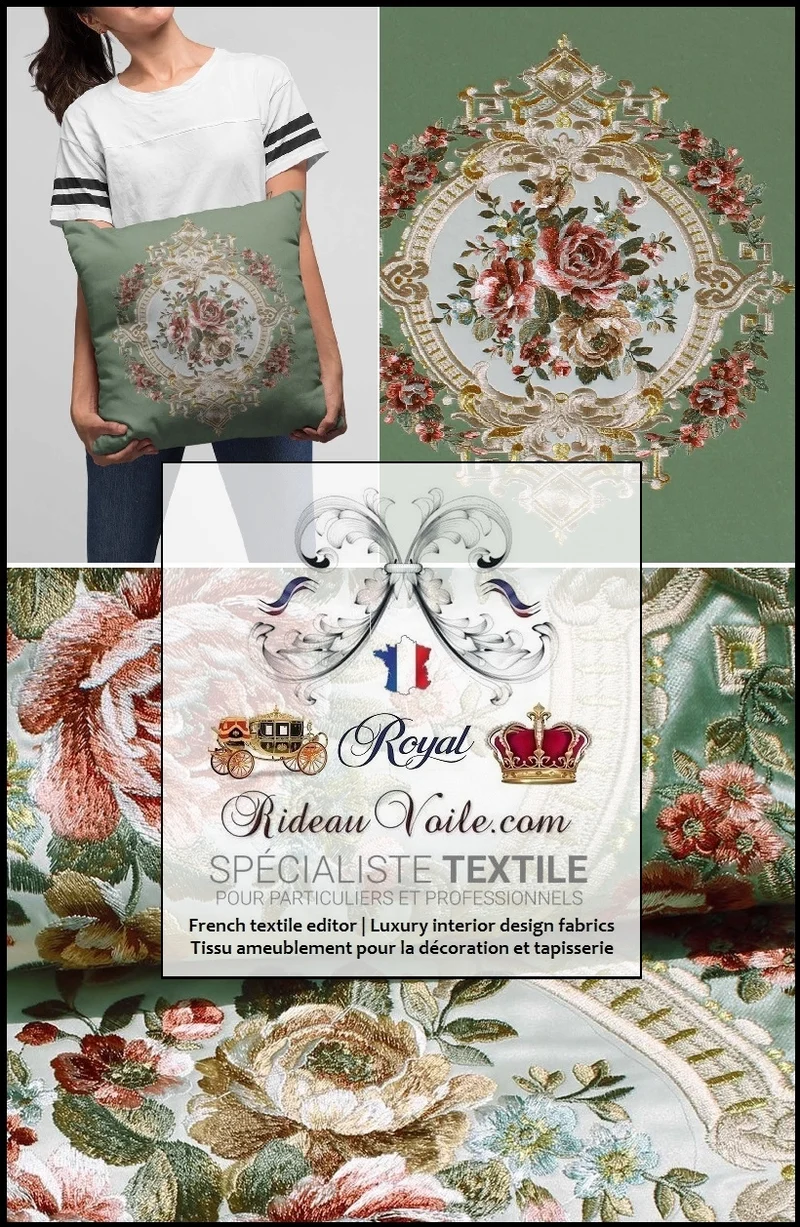 Tissu décoration tapisserie velours vert broderie fleurs de Roses mètre rideau