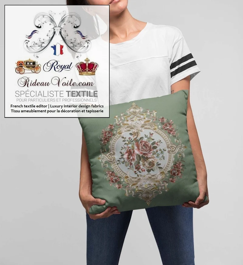 Tissu décoration tapisserie velours vert broderie fleurs de Roses mètre rideau