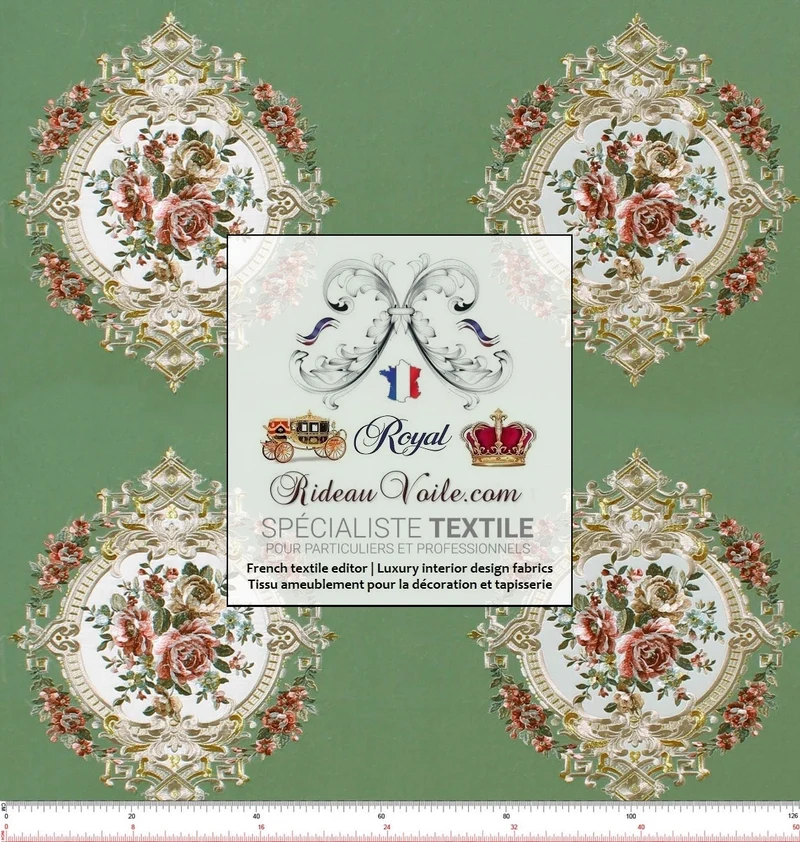 Tissu décoration tapisserie velours vert broderie fleurs de Roses mètre rideau