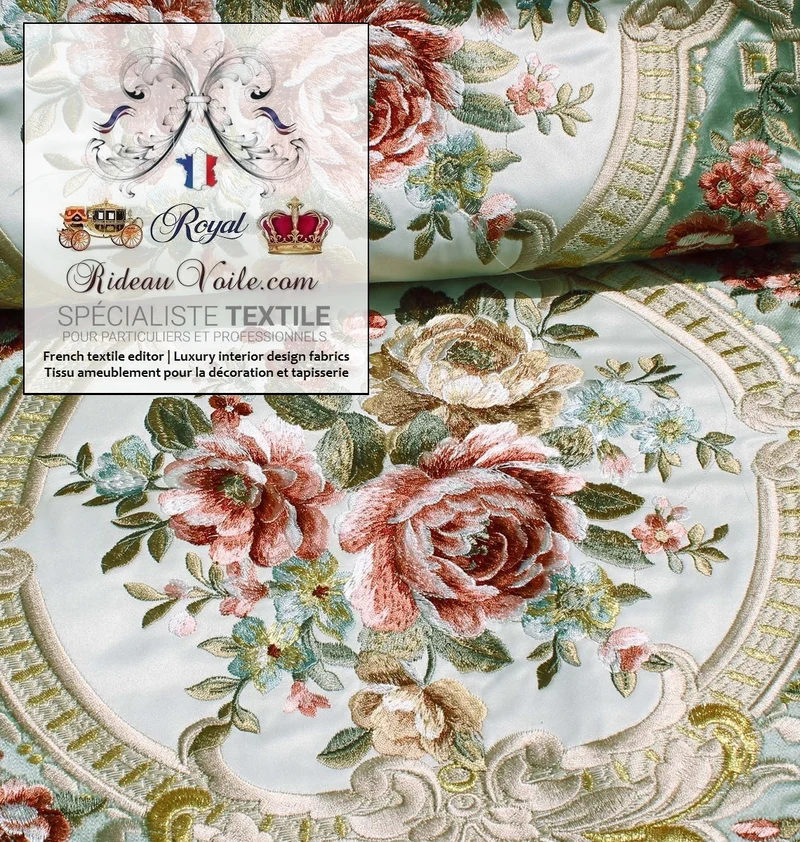 Tissu décoration tapisserie velours vert broderie fleurs de Roses mètre rideau