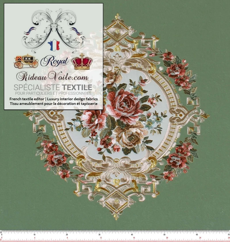 Tissu décoration tapisserie velours vert broderie fleurs de Roses mètre rideau