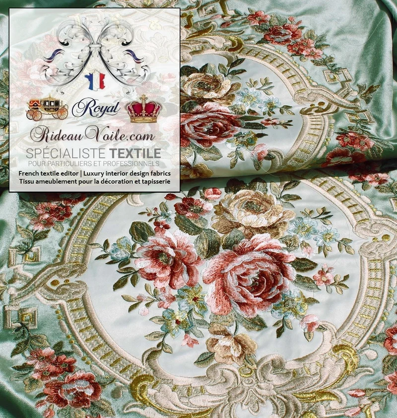 Tissu décoration tapisserie velours vert broderie fleurs de Roses mètre rideau
