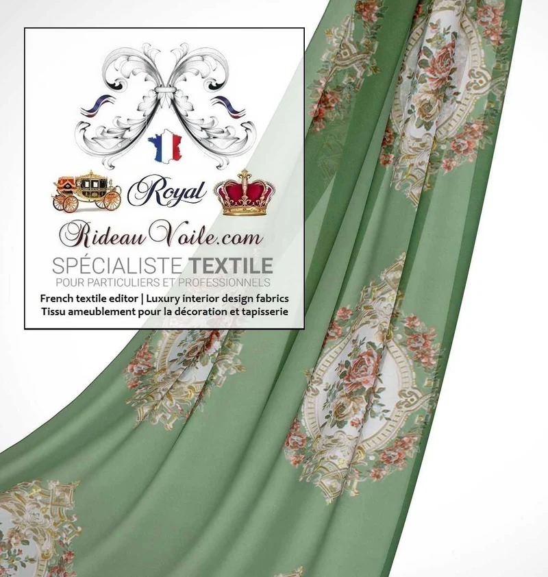 Tissu décoration tapisserie velours vert broderie fleurs de Roses mètre rideau