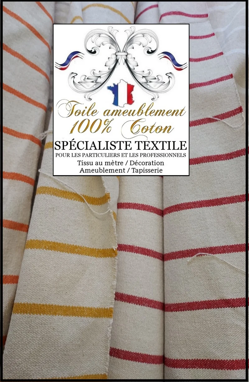 Toile coton à matelas rayures rouge bleu blanc orange tissu ligne mètre rideau
