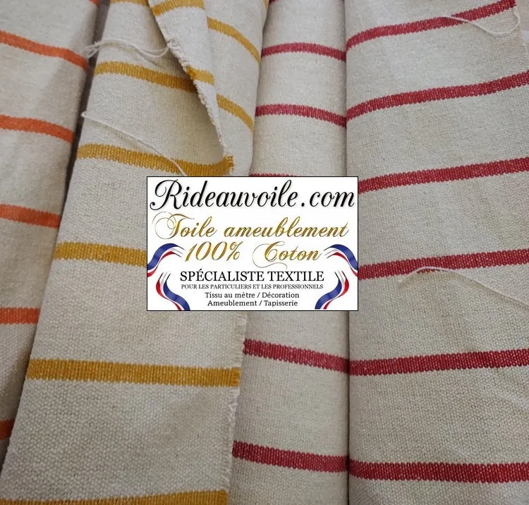 Toile coton à matelas rayures rouge bleu blanc orange tissu ligne mètre rideau