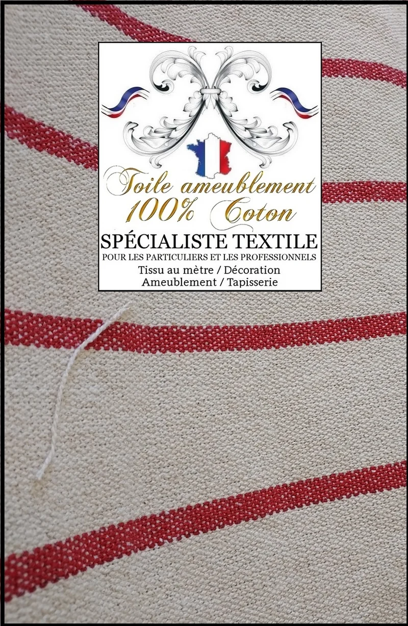 Toile coton tapissier à matelas rayures rouge écru bisonne coutil à lignes mètre rideau