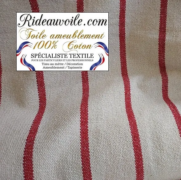 Toile coton tapissier à matelas rayures rouge écru bisonne coutil à lignes mètre rideau