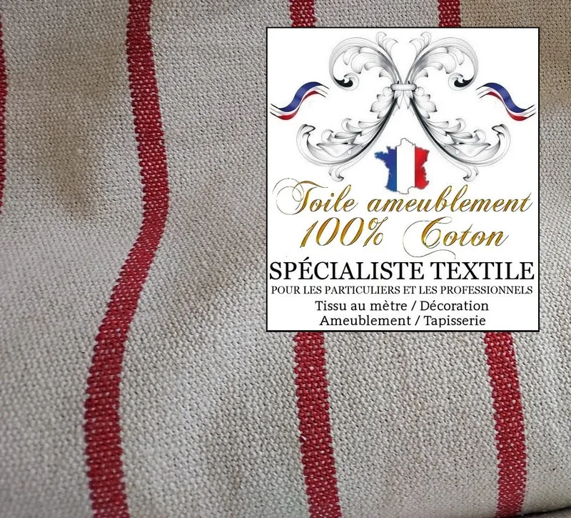 Toile coton tapissier à matelas rayures rouge écru bisonne coutil à lignes mètre rideau