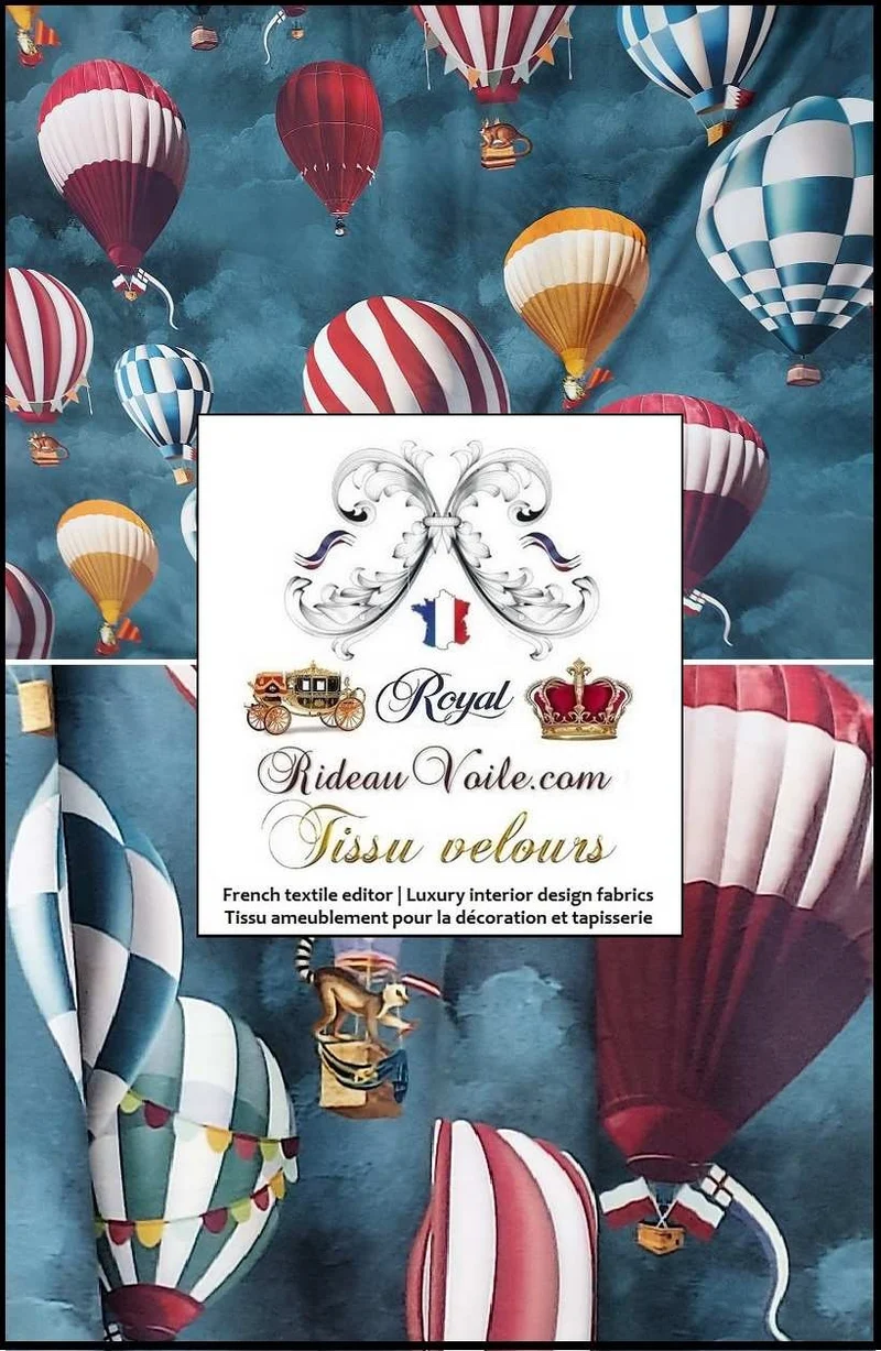 Tissu ameublement velours bleu imprimé montgolfières motifs ballons mètre rideau