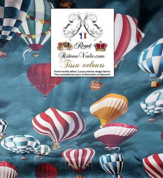 Tissu ameublement velours bleu imprimé montgolfières motifs ballons mètre rideau
