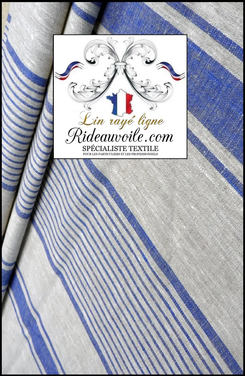 Tissu ameublement mètre LIN rustique rideau toile matelas rayures lignes bleu