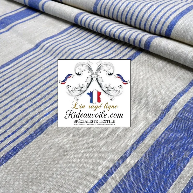 Tissu ameublement mètre LIN rustique rideau toile matelas rayures lignes bleu