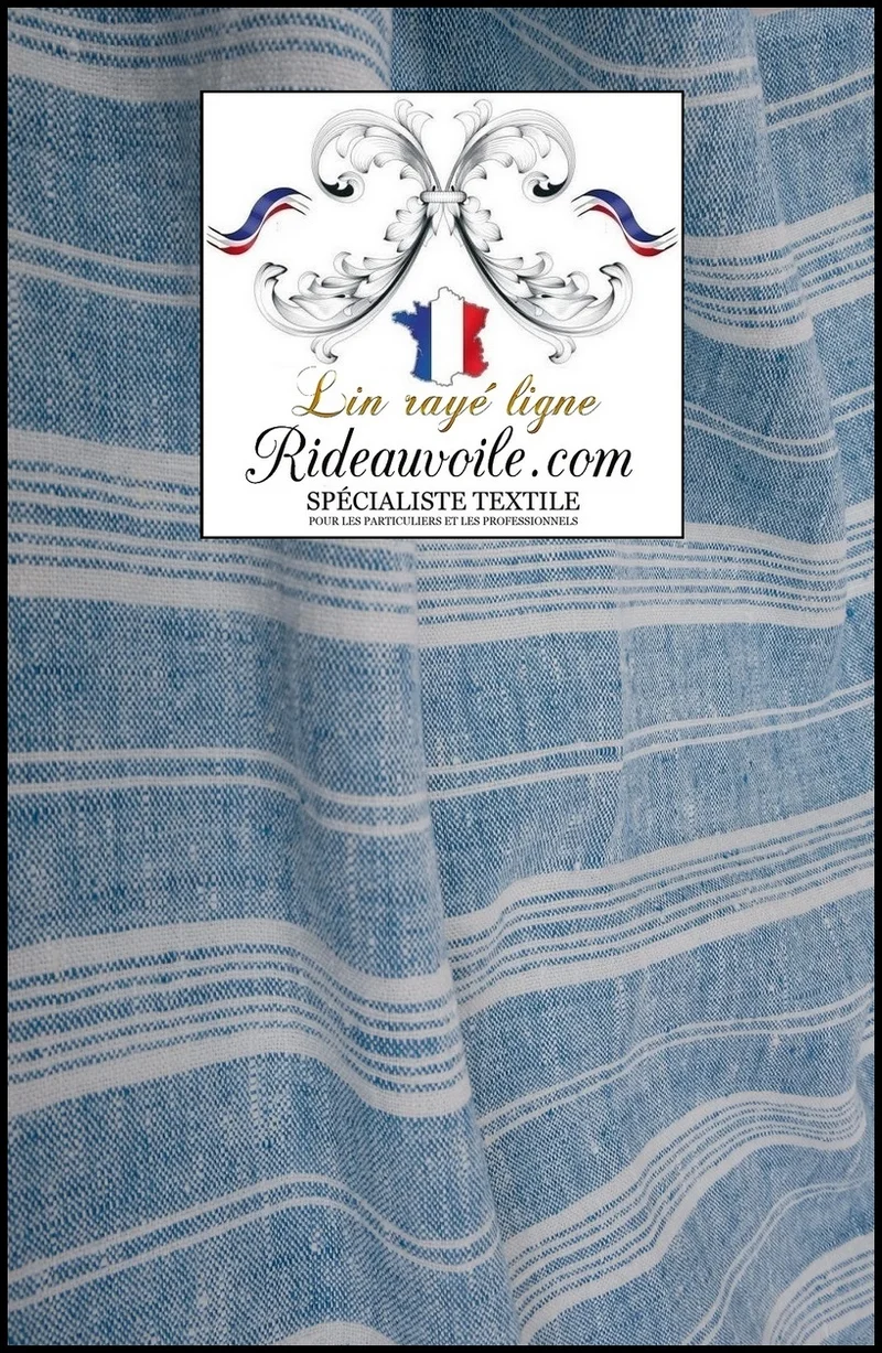 Tissu mètre LIN d'ameublement rideau toile matelas lignes rayures BLEU clair blanc
