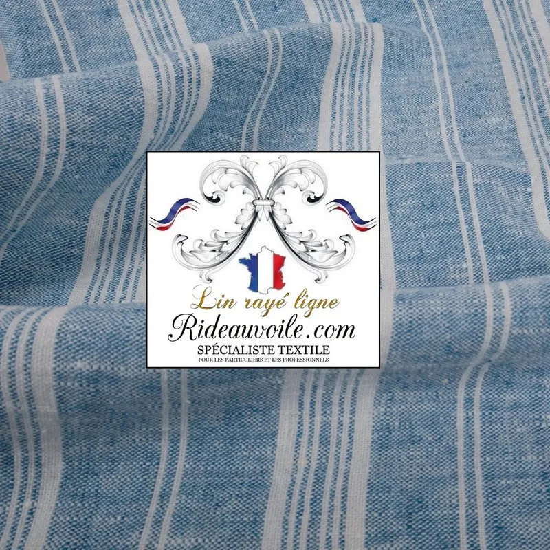 Tissu mètre LIN d'ameublement rideau toile matelas lignes rayures BLEU clair blanc