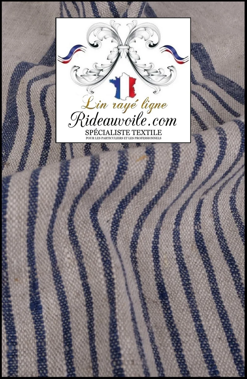 Tissu au mètre 100% LIN BLEU MARINE ameublement rideau toile à matelas rayures
