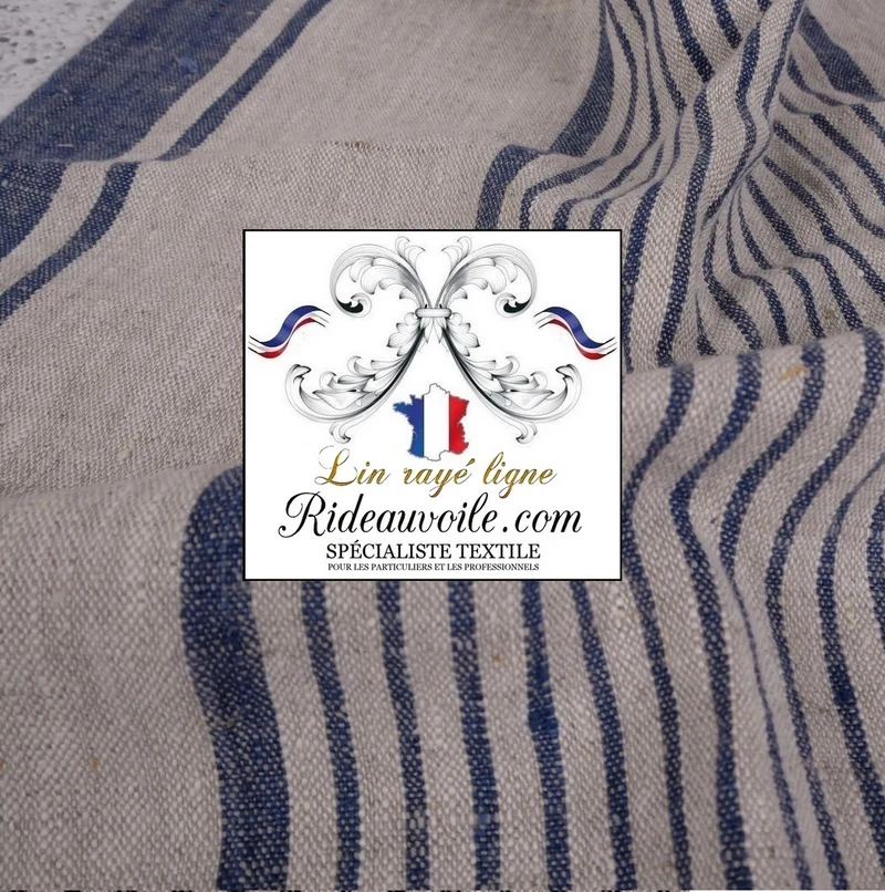 Tissu au mètre 100% LIN BLEU MARINE ameublement rideau toile à matelas rayures
