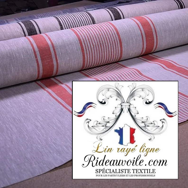 Tissu au mètre 100% LIN BLEU MARINE ameublement rideau toile à matelas rayures