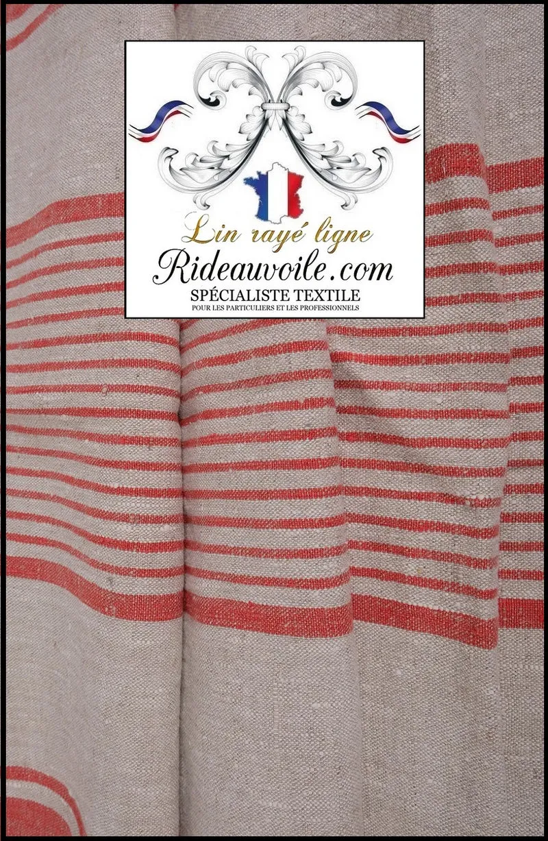 Tissu au mètre 100% LIN textile ameublement rideau toile à matelas rayures ROUGE