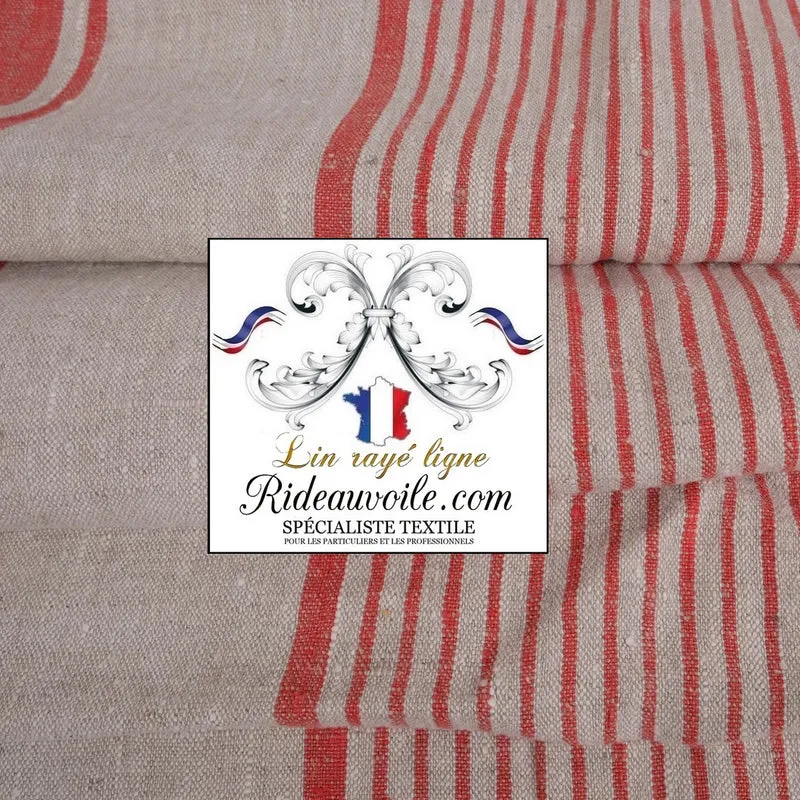 Tissu au mètre 100% LIN textile ameublement rideau toile à matelas rayures ROUGE