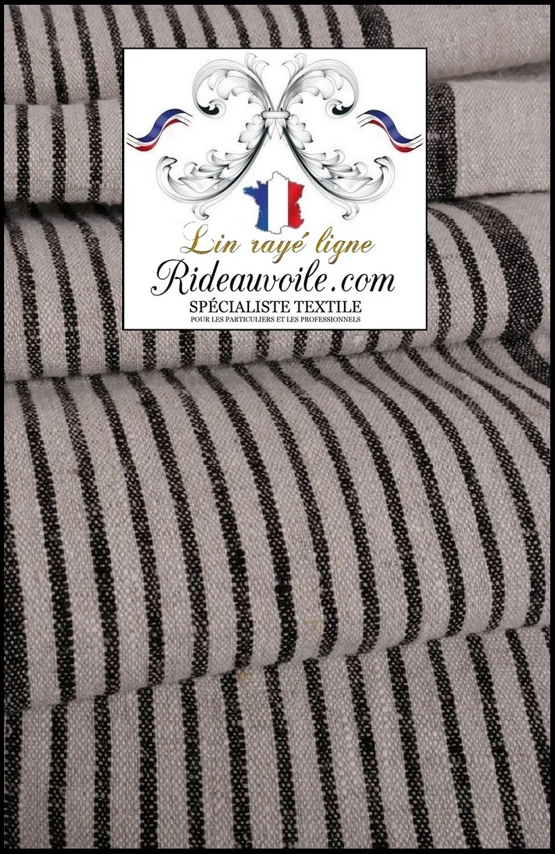 Tissu 100% LIN luxe au mètre toile à matelas rayés lignes noir textile ameublement rideau