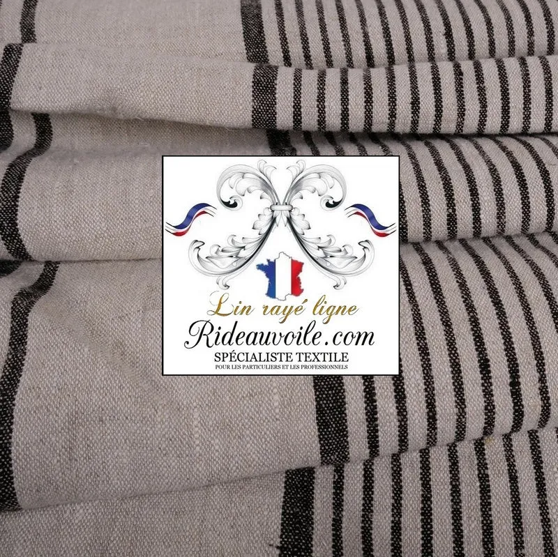 Tissu 100% LIN luxe au mètre toile à matelas rayés lignes noir textile ameublement rideau