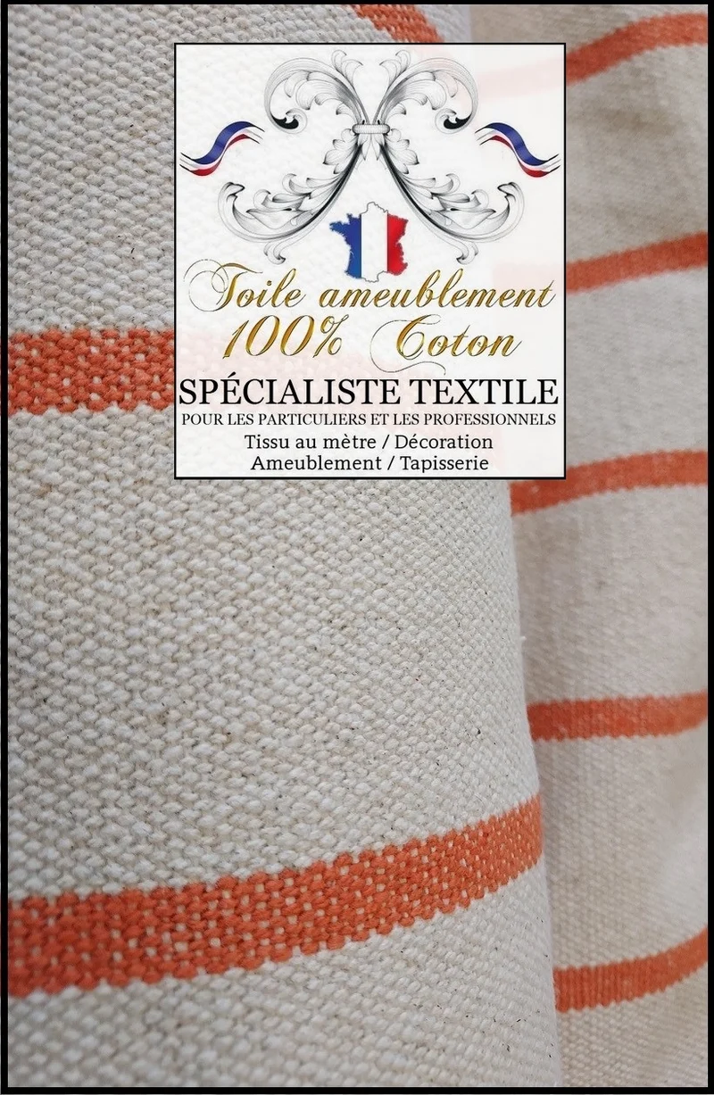 Toile coton tapissier à matelas rayures orange écru bisonne coutil à lignes mètre rideau