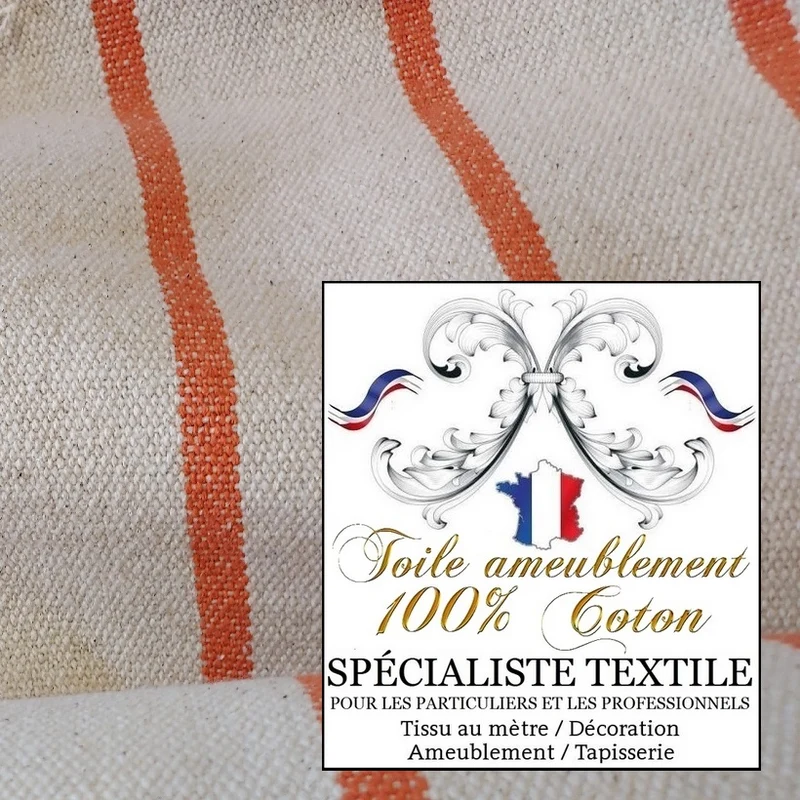 Toile coton tapissier à matelas rayures orange écru bisonne coutil à lignes mètre rideau
