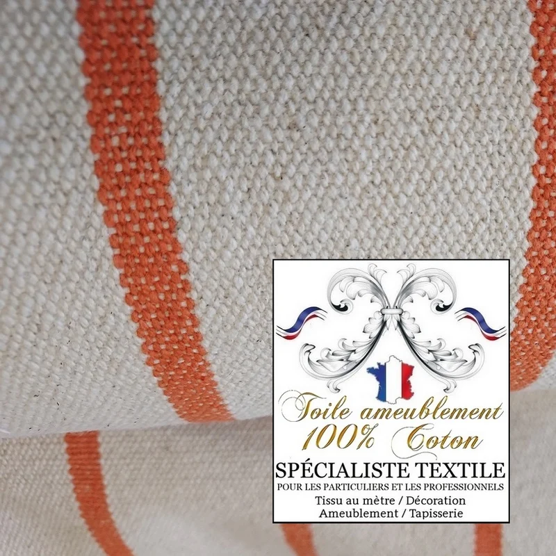 Toile coton tapissier à matelas rayures orange écru bisonne coutil à lignes mètre rideau