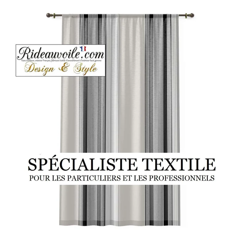 Tissu ameublement lignes gris rayures noir blanc au mètre rideau toile coton