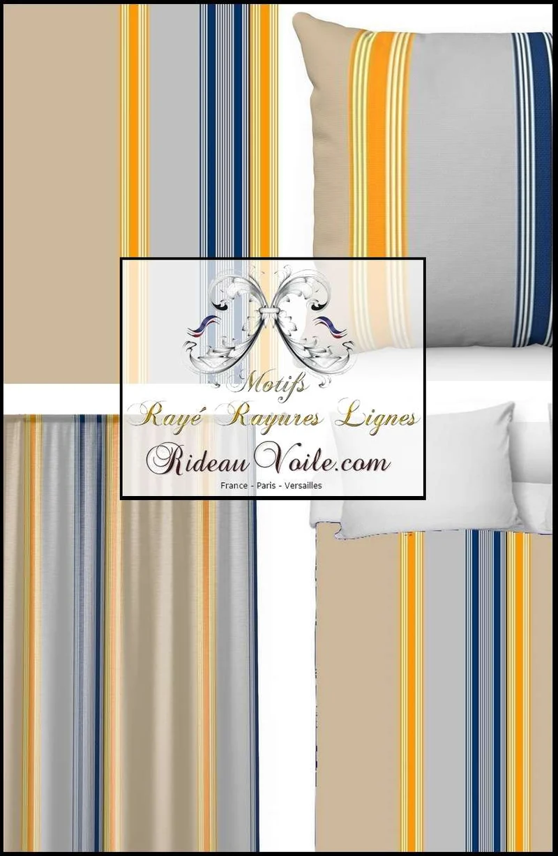 Tissu toile d'ameublement à rayures jaune bleu beige au mètre rideau voilage