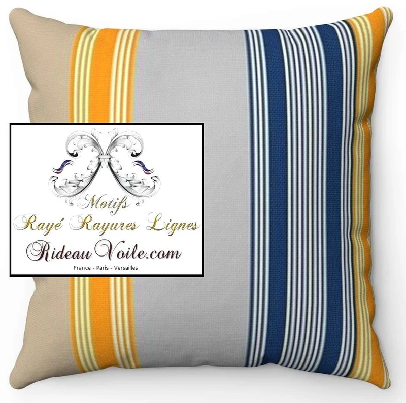 Tissu toile d'ameublement à rayures jaune bleu beige au mètre rideau voilage