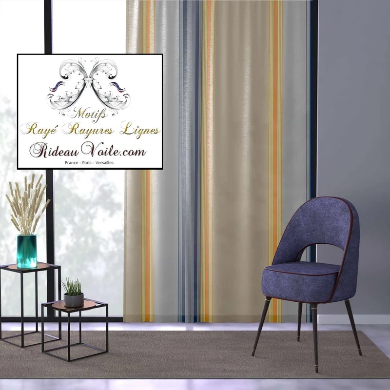 Tissu toile d'ameublement à rayures jaune bleu beige au mètre rideau voilage