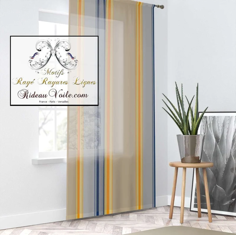 Tissu toile d'ameublement à rayures jaune bleu beige au mètre rideau voilage