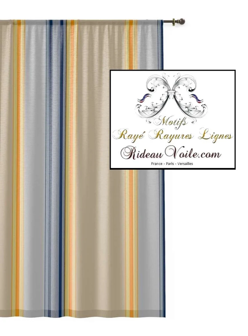 Tissu toile d'ameublement à rayures jaune bleu beige au mètre rideau voilage