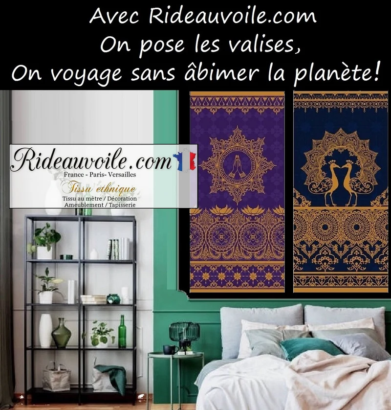 Tissu bleu ameublement motif imprimé soierie cachemire Indiens au mètre rideaux
