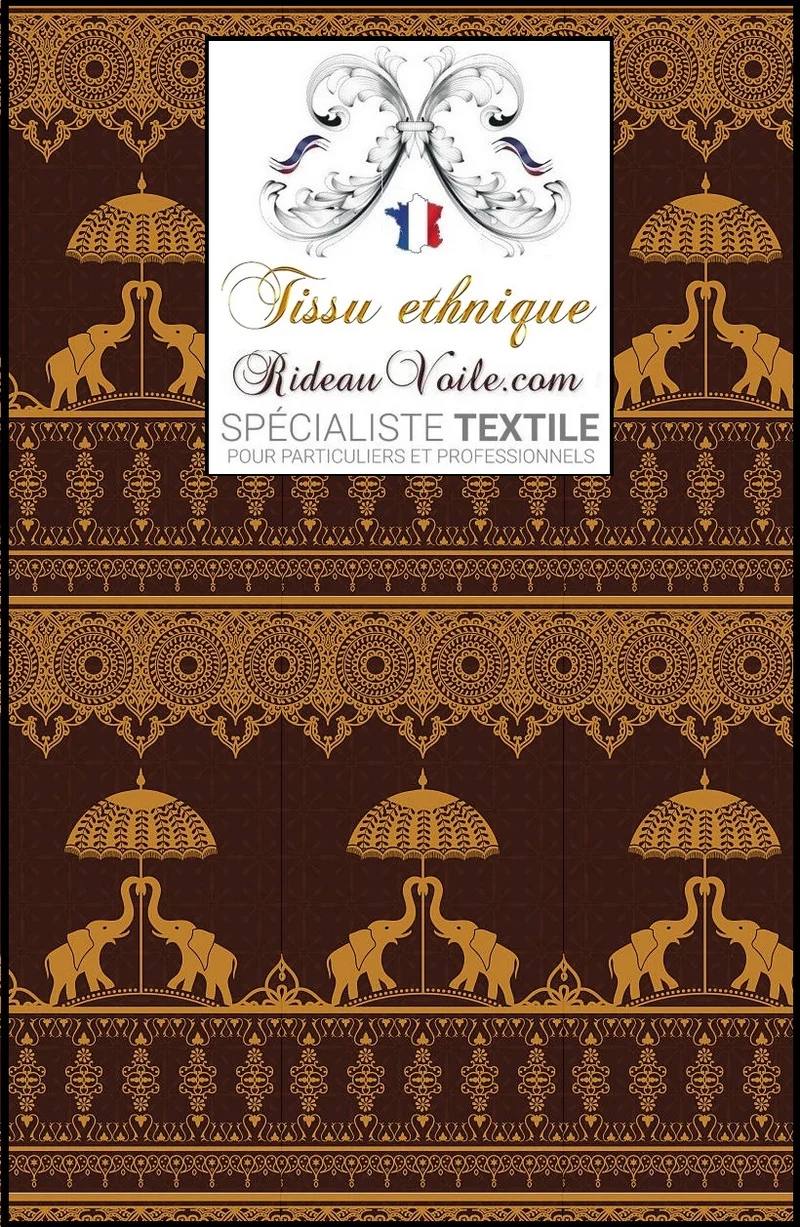 Tissu ameublement motif marron éléphant soierie cachemire Indiens mètre rideaux
