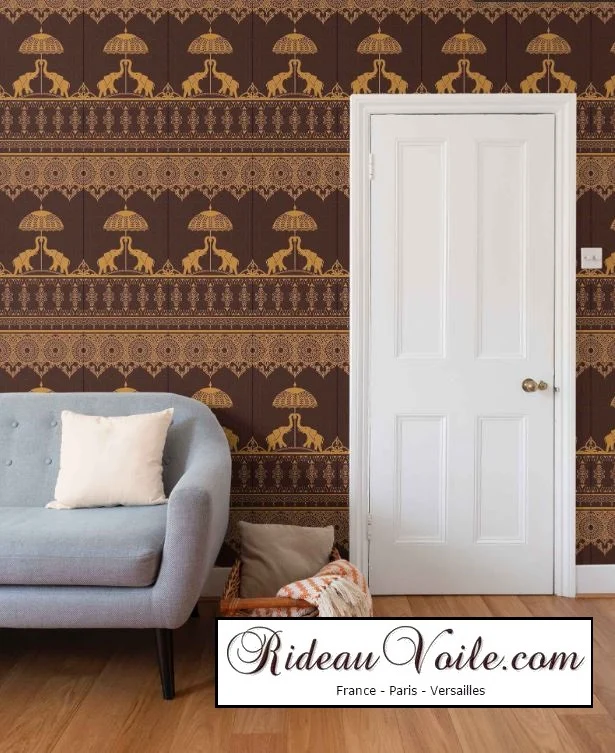 Tissu ameublement motif marron éléphant soierie cachemire Indiens mètre rideaux