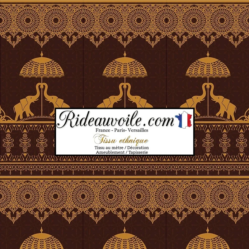 Tissu ameublement motif marron éléphant soierie cachemire Indiens mètre rideaux