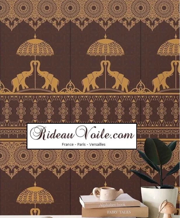 Tissu ameublement motif marron éléphant soierie cachemire Indiens mètre rideaux