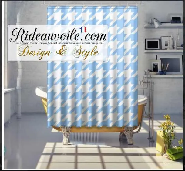Tissu ameublement imprimé motif pied-de-poule bleu clair au mètre rideau voilage