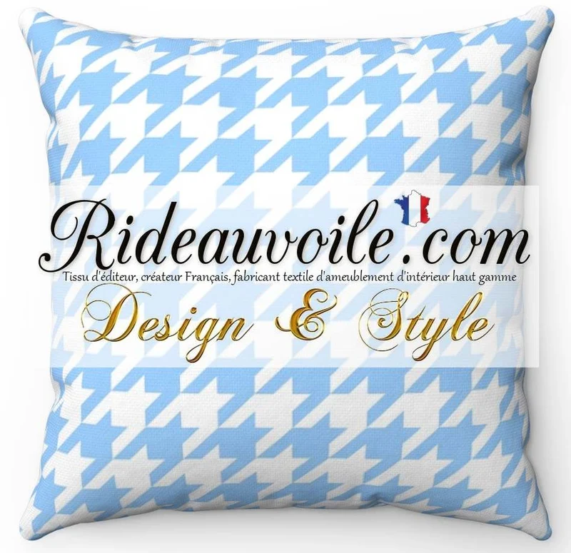 Tissu ameublement imprimé motif pied-de-poule bleu clair au mètre rideau voilage