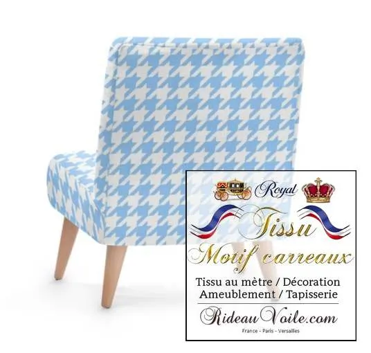 Tissu ameublement imprimé motif pied-de-poule bleu clair au mètre rideau voilage