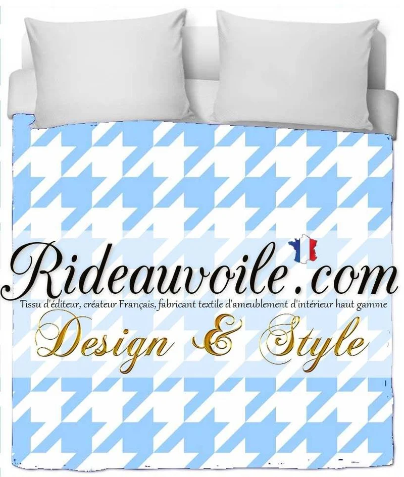Tissu ameublement imprimé motif pied-de-poule bleu clair au mètre rideau voilage