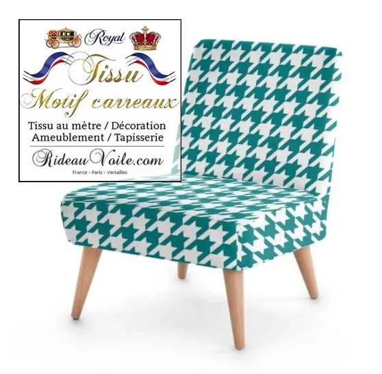 Tissu ameublement argyle motif pied de poule vert bleu au mètre rideau voilage