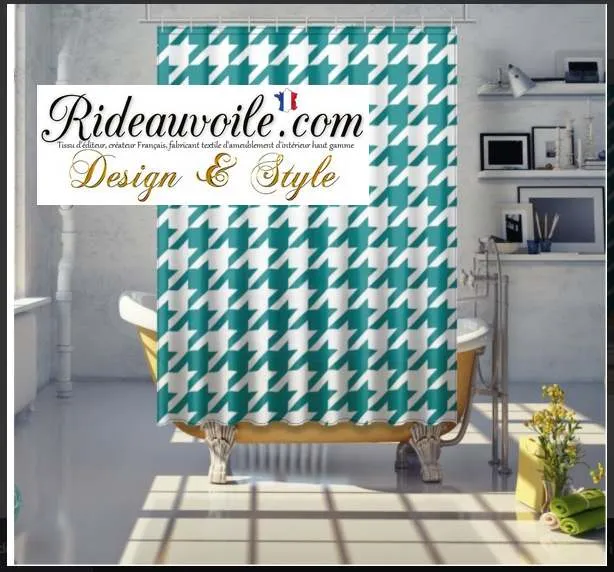 Tissu ameublement argyle motif pied de poule vert bleu au mètre rideau voilage