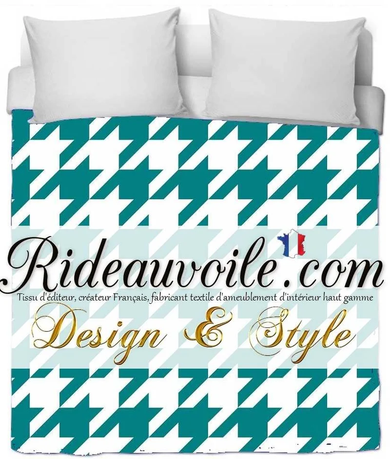 Tissu ameublement argyle motif pied de poule vert bleu au mètre rideau voilage