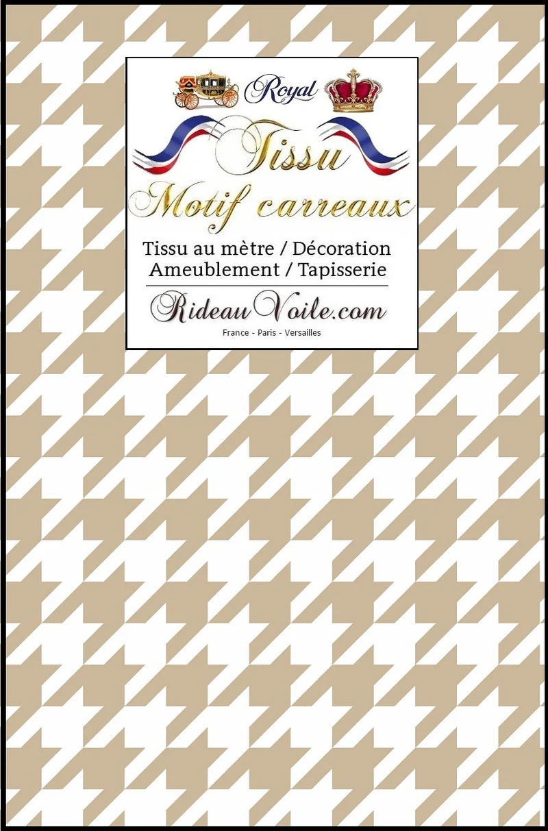 Tissu ameublement imprimé motif pied de poule beige mètre rideau voilage canapé